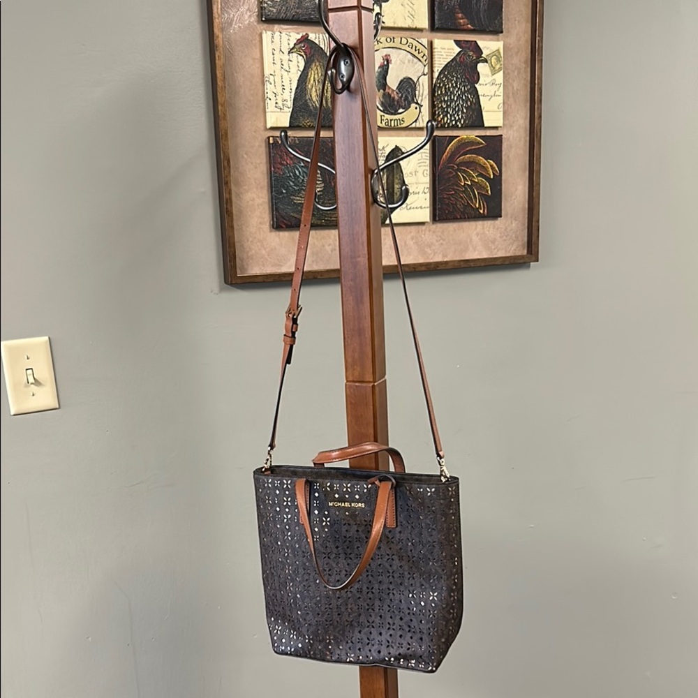 Michael Kors Dark Brown Perforated Leather Messenger Tote with Tan Straps